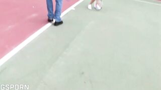 Super FFM threesome in tennis court fucking big bazookas blonde and brunette cuties