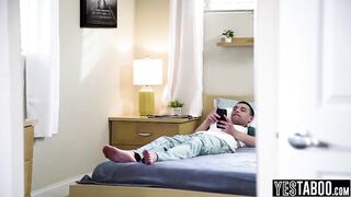 BBW MILF stepmom joins in concupiscent teen step son and his fat girlfriend in daybed