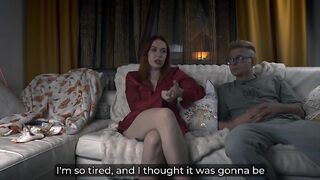 She Lies On The Sofa In The Red Robe And Gets Drilled