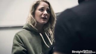 Dude is startled by homeless teen Lisey Pleasing who has followed him home.He cools down and offers the tiny golden-haired a shower.She repays him with sex