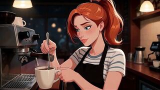 AI-generated cartoon. A redhead barista is having sex with a customer in the coffee shop's back room.