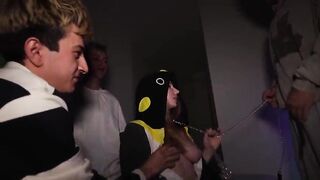 three guys with giant dicks persuade a girl at a party to take all their big dicks in every hole