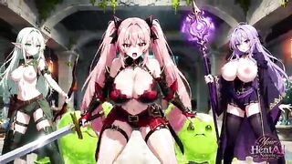 Orgy with 3 charming adventurers covered in slime (Anime AI Generated)