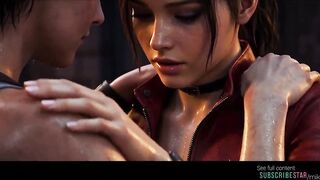Lesbian AI grok Imagine video videogame RE Jill x Claire rain raccoon city