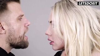 Curvy Golden-haired in Stockings Sucks and Gags Before Getting Fingered Hard