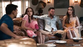 Stepdad and stepmom Melissa Stratton tell their stepdaughter Selena Love and stepson that they are likewise stepsiblings and that they want to fuck 'em