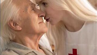 Perverted grandfather fulfills his fantasy of having sex with the young nurse who is caring for him before this stud passes away (AI)