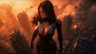 AI-generated. A massive woman attacks the city until a giant robot satisfies her sexual wants.