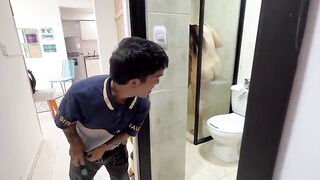 Hot golden-haired with biggest booty shares bath with her little dwarf stepfather with huge dick makes her come in big squirts.