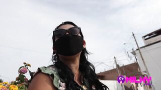 Overweight brunette with big, natural melons is fucking a masked stranger and enjoying it a lot