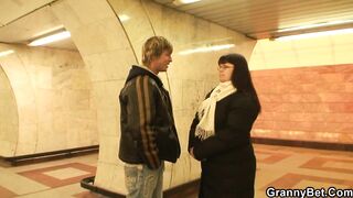 Huge melons aged is picked up and doggy-banged