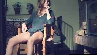 Brunette hair Hair with big, natural melons is fingering her wet vagina and moaning from pleasure while cumming