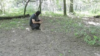 Exposed brunette got tied up in the forest by a masked chap and enjoyed it