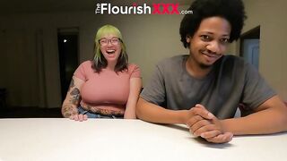 Chubby, white playgirl with big breasts and pierced nipps is having sex with a black man