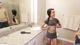 Small pigtailed 18 years old curious teen tries doggystyle