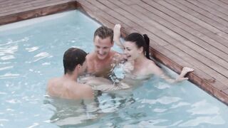 Eurobabe with astounding breasts gets tag teamed by the pool
