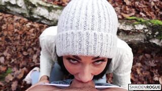 Brunette hair Hair with blue eyes, Shaiden Rogue is sucking a corpulent shlong in the forest, just for joy