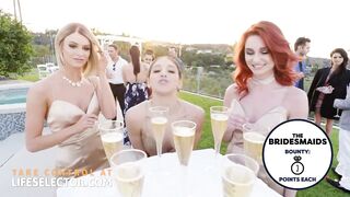 Worthy-Looking bridesmaids are taking turns giving blowjobs to the groom, in advance of the wedding ceremony