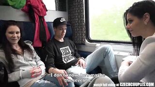 Nasty brunette hair is having a foursome in the educate and enjoying each single second of it