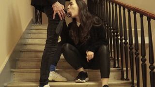 Banged a Cute Student in Leather Pants on the Stairs in Entrance