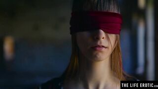 Straight cutie is blindfolded by lesbian before she orgasms