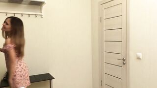 Amateur brunette in a floral dress's getting screwed in the kitchen, mostly from the back