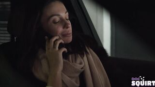 Frisky teen brunette is holding her legs spread wide open while getting fingered and drilled