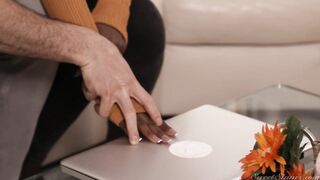 Ebony brunette with petite boobs and perky nipps is getting drilled on the sofa and enjoying it