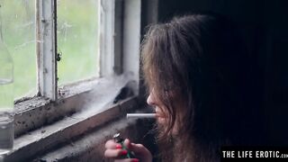 Depressed milf sucks her puffy nipps before masturbating