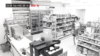 Breasty Japanese brunette hair is about to get fucked in a local shop, instead of paying for groceries