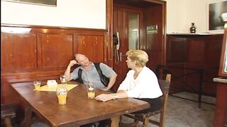 Golden-Haired granny is about to get fucked and fisted hard on the table, in the restaurant