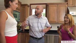 Tall golden-haired sweetheart is sucking and fucking concupiscent hubby while his wife heps him go deeper inside