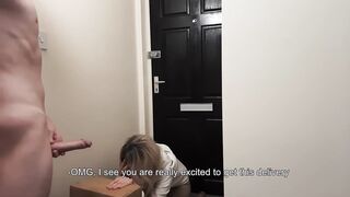 Amazon delivery gal caught by surprise with in nature's garb stroking stud, but she can't resist screwing him.