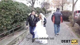 Sexy golden-haired playgirl is banging with her husband friend on her wedding day to repay his debt