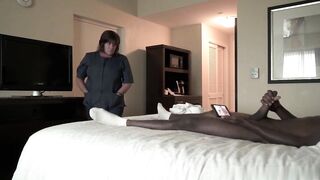 Chubby maid is ravishing a black dude in a hotel room and listening to his moans