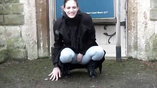 Russian babe is peeing in her leggings in a public place, ''coz it excites her a lot