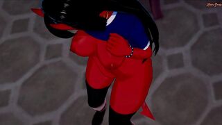 Meru the Succubus fingers her snatch while sitting on a desk.