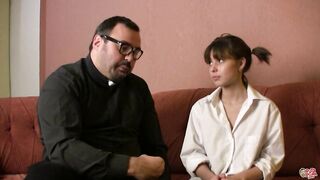 Pigtailed teen brunette, Julia Fascinating aka Velvet Flower is about to screw a bulky priest