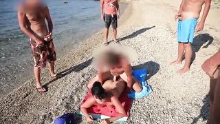 Insatiable brunette is having a bit of booty with many boyz on one of the beaches of Mykonos
