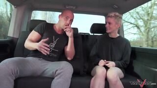 Short haired boosty blondie is clothed less in the countryside, this hottie is taken in van for fuck and cum