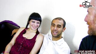 French brunette with pigtails has a massive smile on her face before getting banged hard