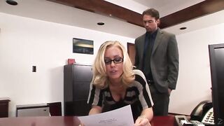 Stunning golden-haired secretary is about to get banged hard from the back, in her office