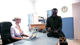 Busty golden-haired office lady, Lena Lay is having casual sex with her gracious, black boss