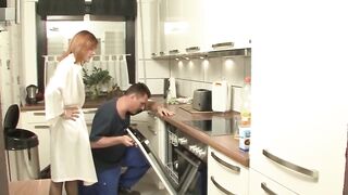 Sexually Slutty housewife is wearing erotic lingerie and using an opportunity to have sex with a handyman