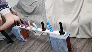 Slim Playgirl Riding all Her Dildos from Small to Big till Big Orgasm