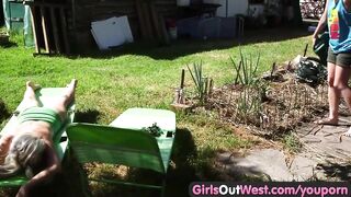 Girls Out West - Curly amateur dykes lick pubes outdoors