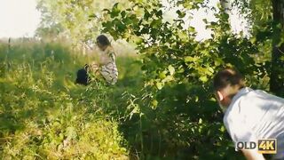 Glamorous teen brunette with glasses is sucking and riding a hard knob in the nature