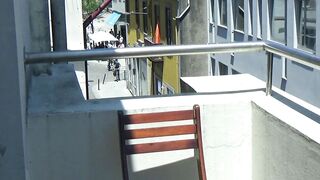 Risky Oral sex on balcony with many spectators proceed to hard screw with glamorous babe on the couch