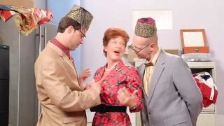 Red haired mature in a floral dress's about to have a boy+boy+female 3-some at work