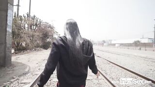 Petite Venezuelan model is approached by Peruvian near teach line